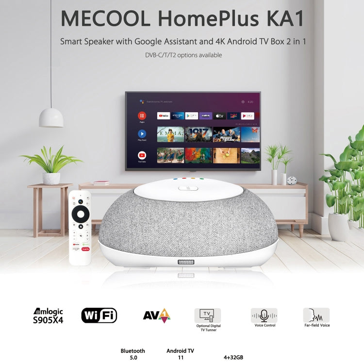 MECOOL KA1 Smart TV Speaker Android 11 TV Box with Remote Control, Amlogic S905X4 Quad Core Cortex-A55, 4GB+32GB, Dual-Band / Bluetooth / Ethernet / OTT(US Plug)