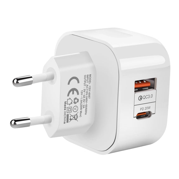 YSY-6087 20W PD + QC 3.0 Dual Ports Travel Charger Power Adapter, EU Plug