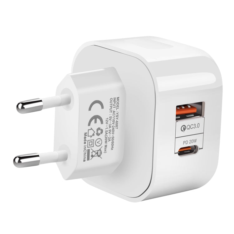 YSY-6087 20W PD + QC 3.0 Dual Ports Travel Charger Power Adapter, EU Plug