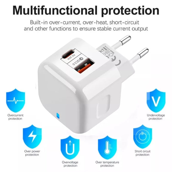 YSY-6087 20W PD + QC 3.0 Dual Ports Travel Charger Power Adapter, EU Plug