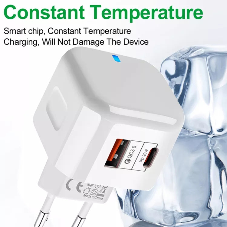 YSY-6087 20W PD + QC 3.0 Dual Ports Travel Charger Power Adapter, EU Plug