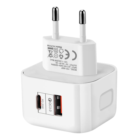 YSY-6087 20W PD + QC 3.0 Dual Ports Travel Charger Power Adapter, EU Plug