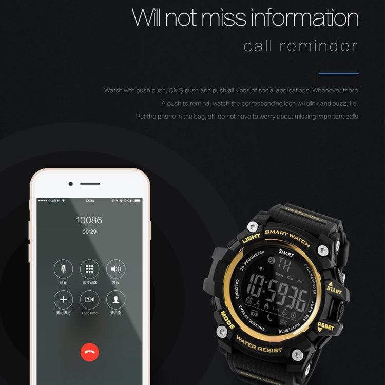 Lokmat MK16 LCD Screen 50m Water-resistant Smart Watch, Support Information Reminder / Remote Camera / Walking Motion Monitor(Gold) - Smart Watches by Lokmat