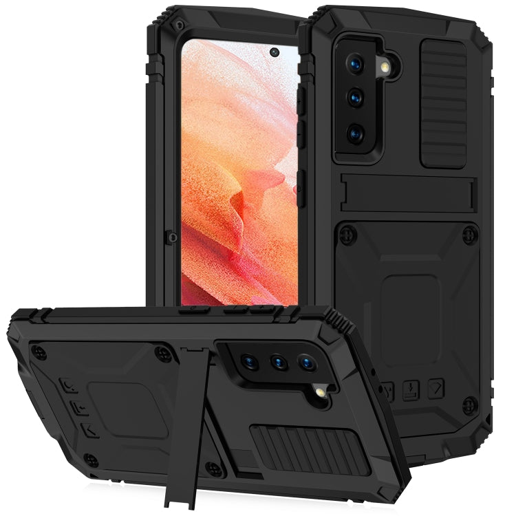 For Samsung Galaxy S21 5G R-JUST Shockproof Water-resistant Dust-proof Metal + Silicone Protective Case with Holder(Black)
