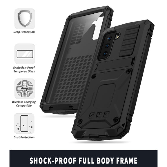 For Samsung Galaxy S21 5G R-JUST Shockproof Water-resistant Dust-proof Metal + Silicone Protective Case with Holder(Black)