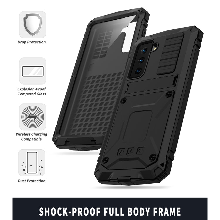 For Samsung Galaxy S21 5G R-JUST Shockproof Water-resistant Dust-proof Metal + Silicone Protective Case with Holder(Black)