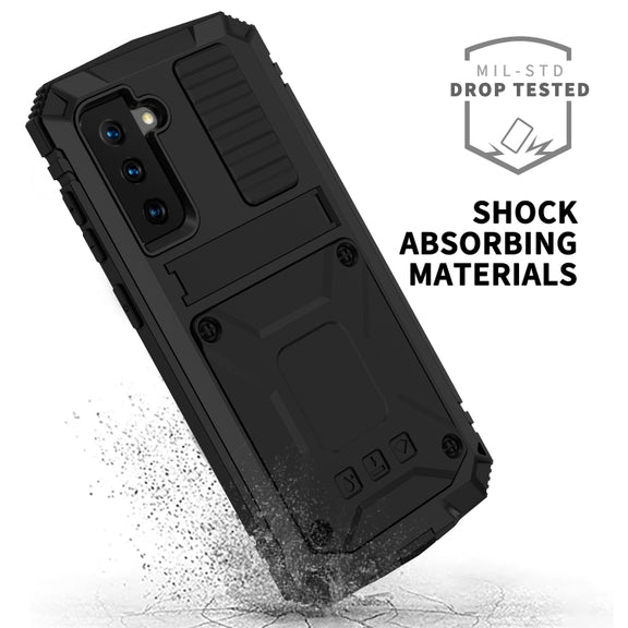 For Samsung Galaxy S21 5G R-JUST Shockproof Water-resistant Dust-proof Metal + Silicone Protective Case with Holder(Black)