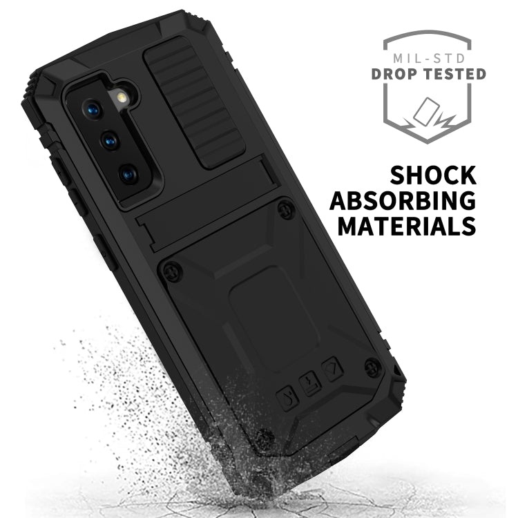 For Samsung Galaxy S21 5G R-JUST Shockproof Water-resistant Dust-proof Metal + Silicone Protective Case with Holder(Black)