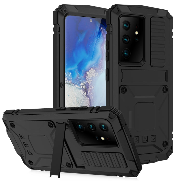 For Samsung Galaxy S21 Ultra 5G R-JUST Shockproof Water-resistant Dust-proof Metal + Silicone Protective Case with Holder(Black)