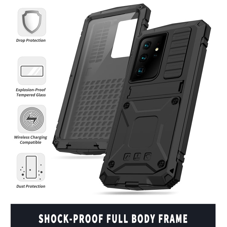 For Samsung Galaxy S21 Ultra 5G R-JUST Shockproof Water-resistant Dust-proof Metal + Silicone Protective Case with Holder(Black)