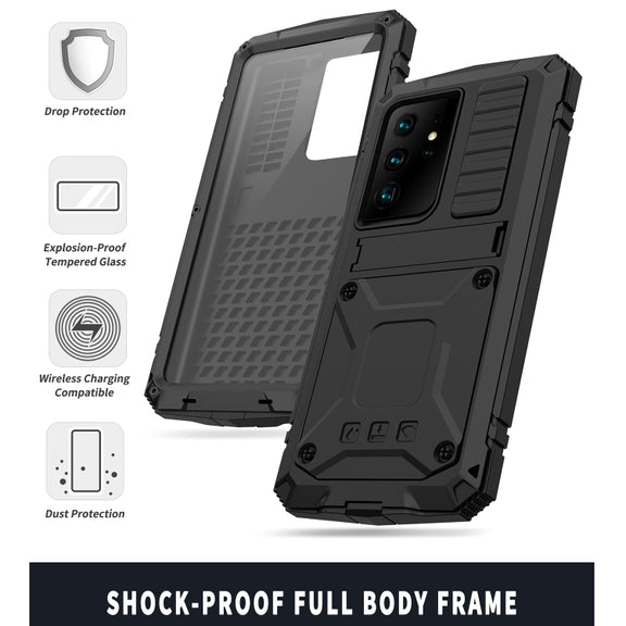 For Samsung Galaxy S21 Ultra 5G R-JUST Shockproof Water-resistant Dust-proof Metal + Silicone Protective Case with Holder(Black)