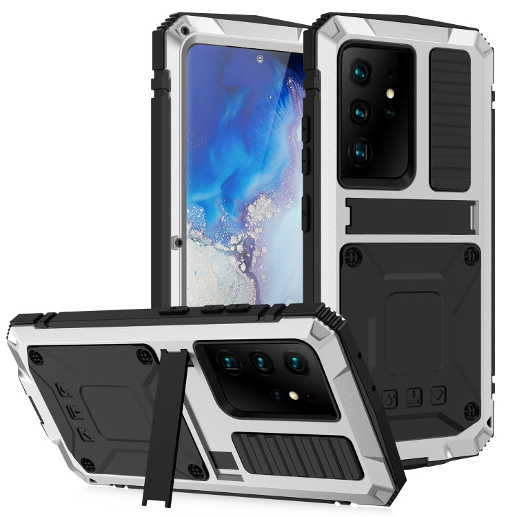 For Samsung Galaxy S21 Ultra 5G R-JUST Shockproof Water-resistant Dust-proof Metal + Silicone Protective Case with Holder(Silver)