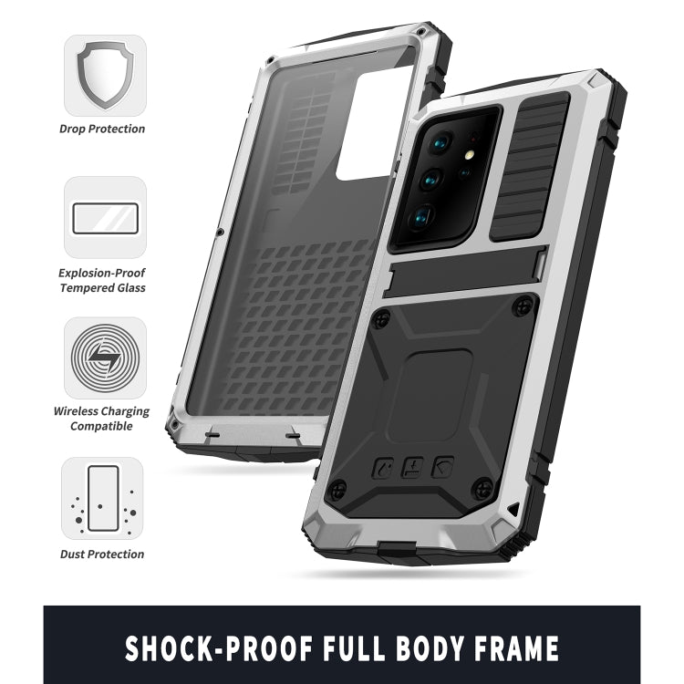 For Samsung Galaxy S21 Ultra 5G R-JUST Shockproof Water-resistant Dust-proof Metal + Silicone Protective Case with Holder(Silver)