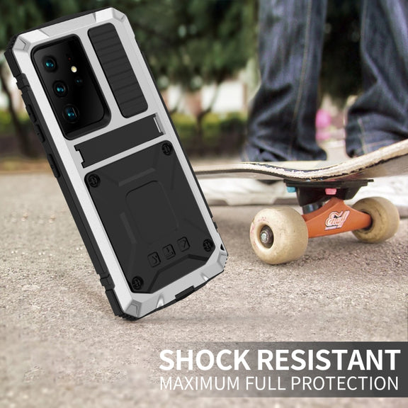 For Samsung Galaxy S21 Ultra 5G R-JUST Shockproof Water-resistant Dust-proof Metal + Silicone Protective Case with Holder(Silver)