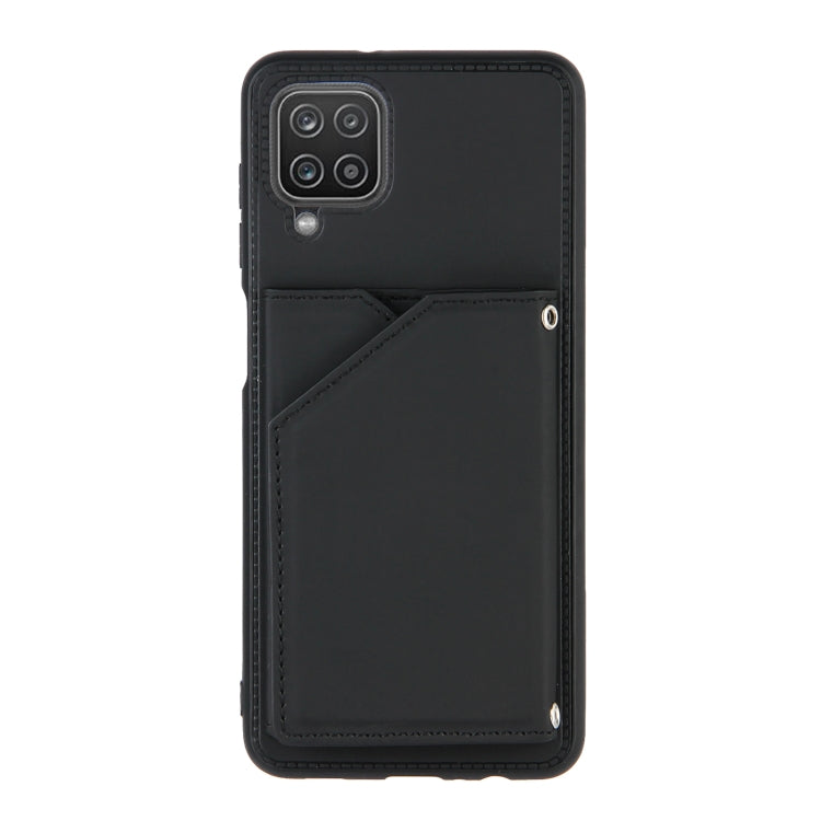 For Samsung Galaxy A12 Skin Feel PU + TPU + PC Back Cover Shockproof Case with Card Slots & Holder & Photo Frame(Black)