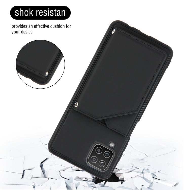 For Samsung Galaxy A12 Skin Feel PU + TPU + PC Back Cover Shockproof Case with Card Slots & Holder & Photo Frame(Black)