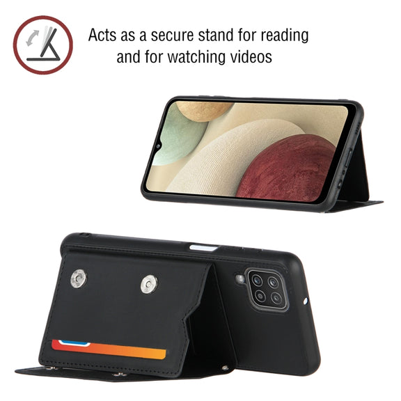 For Samsung Galaxy A12 Skin Feel PU + TPU + PC Back Cover Shockproof Case with Card Slots & Holder & Photo Frame(Black)