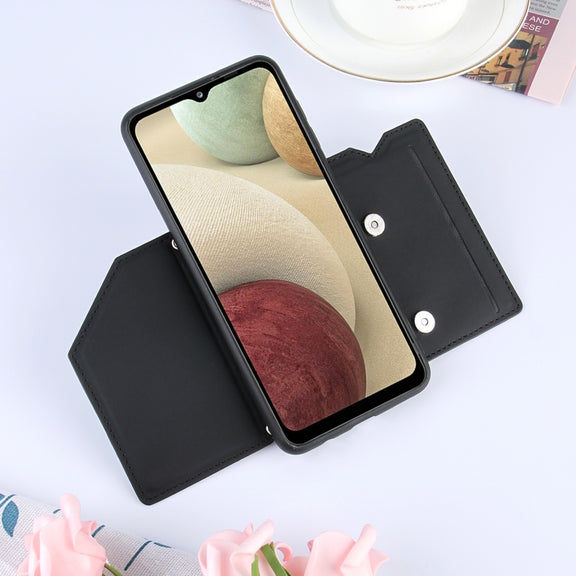 For Samsung Galaxy A12 Skin Feel PU + TPU + PC Back Cover Shockproof Case with Card Slots & Holder & Photo Frame(Black)