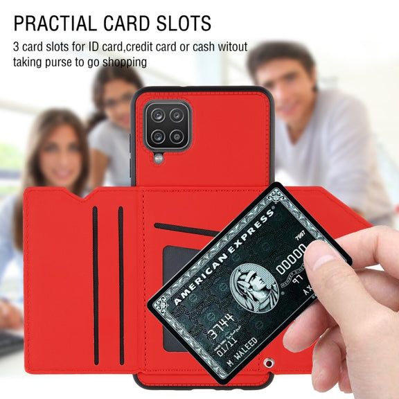 For Samsung Galaxy A12 Skin Feel PU + TPU + PC Back Cover Shockproof Case with Card Slots & Holder & Photo Frame(Black)