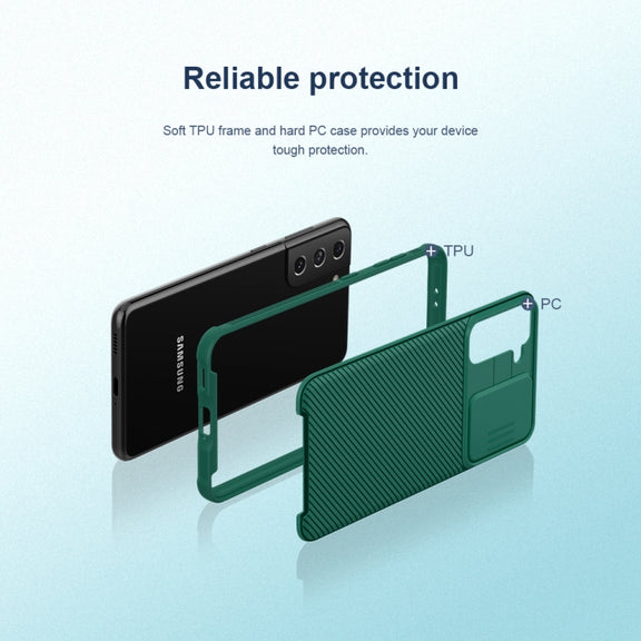 For Samsung Galaxy S21 5G NILLKIN Black Mirror Pro Series Camshield Full Coverage Dust-proof Scratch Resistant Phone Case(Blue)