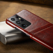 For Samsung Galaxy S21 Ultra 5G Fierre Shann Oil Wax Texture Leather Back Cover Case(Brown)