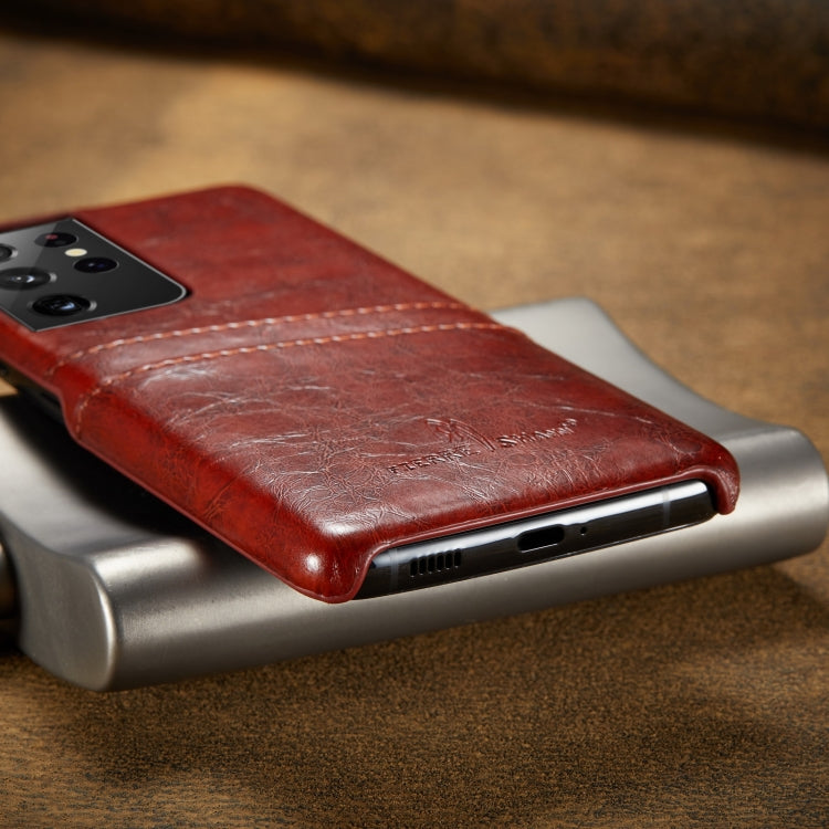 For Samsung Galaxy S21 Ultra 5G Fierre Shann Oil Wax Texture Leather Back Cover Case(Brown)