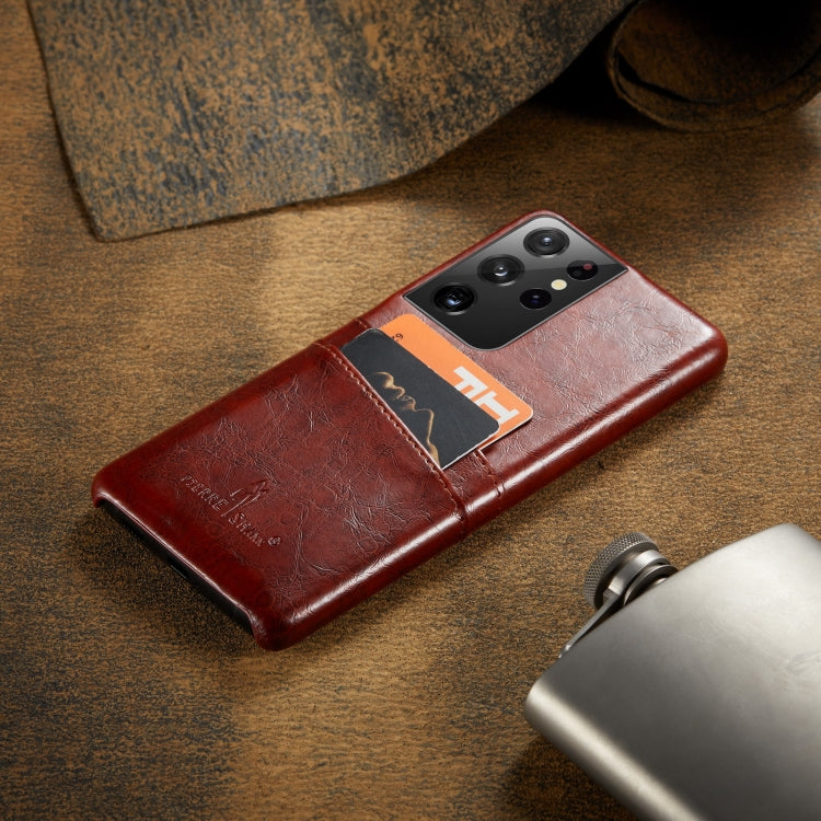 For Samsung Galaxy S21 Ultra 5G Fierre Shann Oil Wax Texture Leather Back Cover Case(Brown)