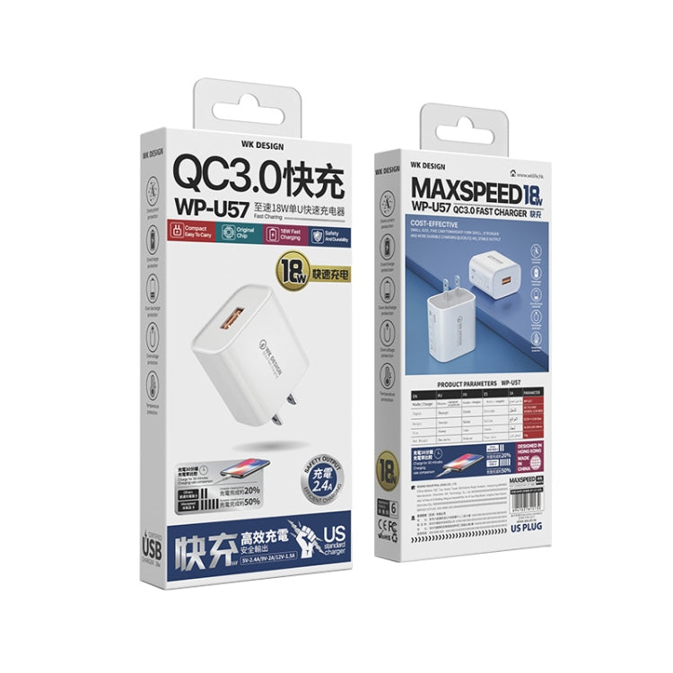 WK WP-U57 Max 18W Maxspeed QC3.0 Fast Charger + USB to 8 Pin Data Cable, Plug Type:US Plug