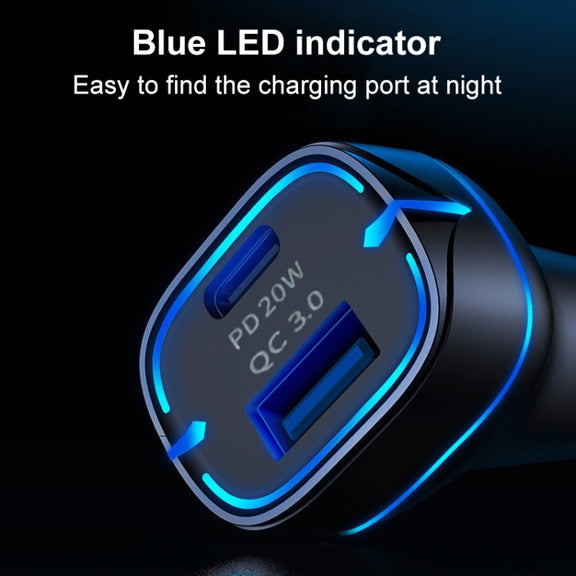 QC USB + USB-C / Type-C Dual Ports Fast Charging Car Charger with Luminous Aperture(Black)