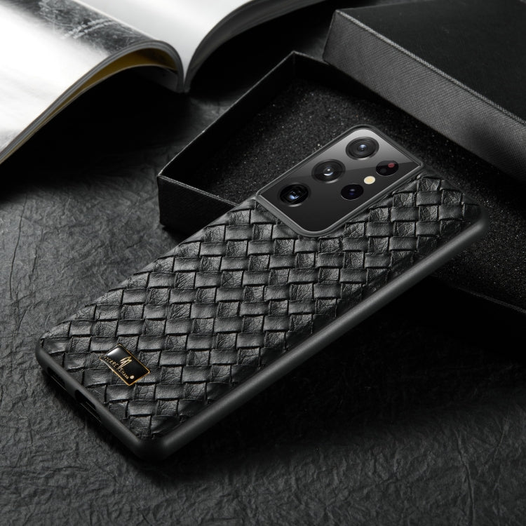 For Samsung Galaxy S21 Ultra 5G Fierre Shann Leather Texture Phone Back Cover Case(Woven Black)