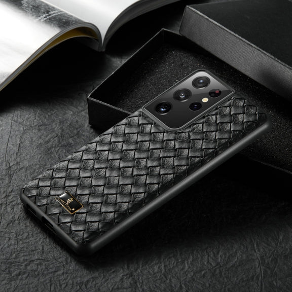For Samsung Galaxy S21 Ultra 5G Fierre Shann Leather Texture Phone Back Cover Case(Woven Black)