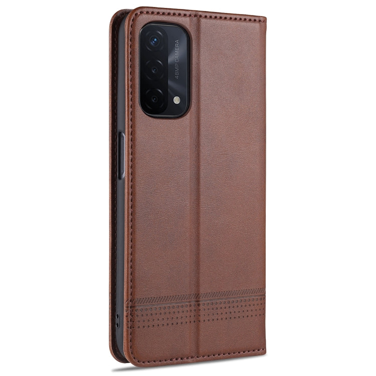 For OPPO A74 (5G) AZNS Magnetic Calf Texture Horizontal Flip Leather Case with Card Slots & Holder & Wallet(Dark Brown)