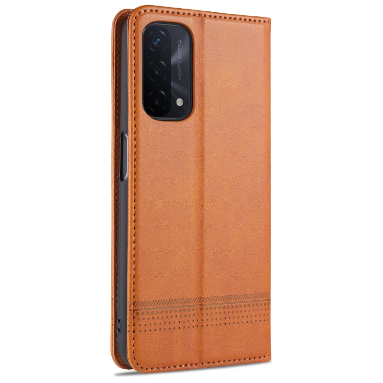 For OPPO A74 (5G) AZNS Magnetic Calf Texture Horizontal Flip Leather Case with Card Slots & Holder & Wallet(Light Brown)