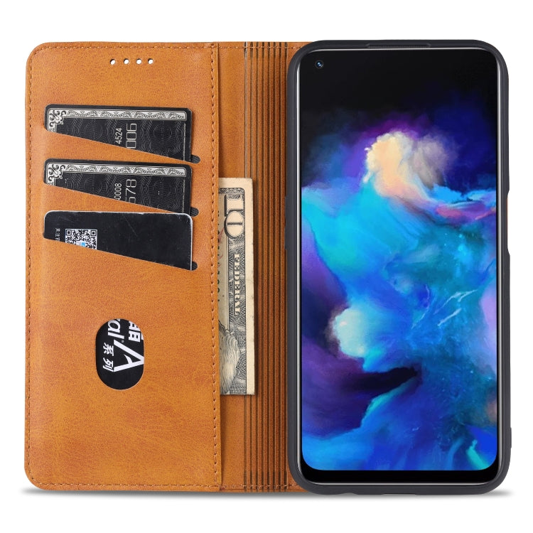 For OPPO A74 (5G) AZNS Magnetic Calf Texture Horizontal Flip Leather Case with Card Slots & Holder & Wallet(Light Brown)