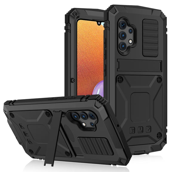 For Samsung Galaxy A32 4G R-JUST Water-resistant Shockproof Dustproof Metal + Silicone Protective Case with Holder(Black)