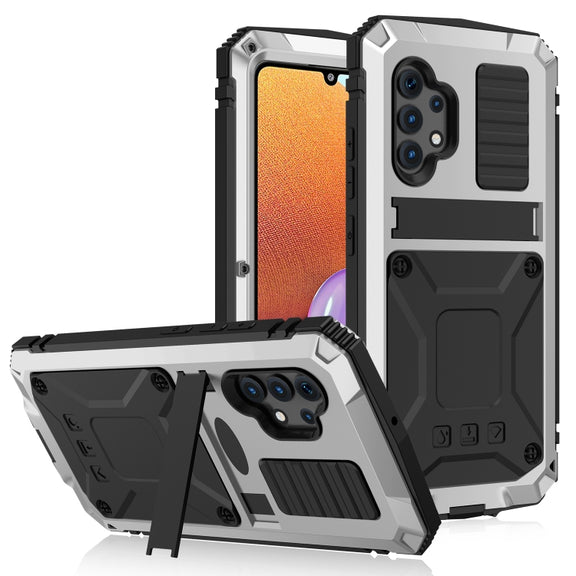 For Samsung Galaxy A32 4G R-JUST Water-resistant Shockproof Dustproof Metal + Silicone Protective Case with Holder(Silver)