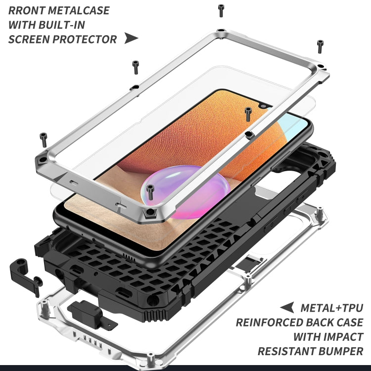 For Samsung Galaxy A32 4G R-JUST Water-resistant Shockproof Dustproof Metal + Silicone Protective Case with Holder(Silver)