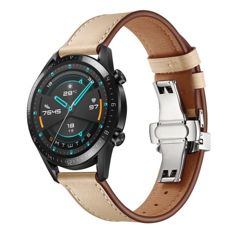 22mm Universal Butterfly Buckle Leather Watch Band, Style:Silver Buckle(Apricot)