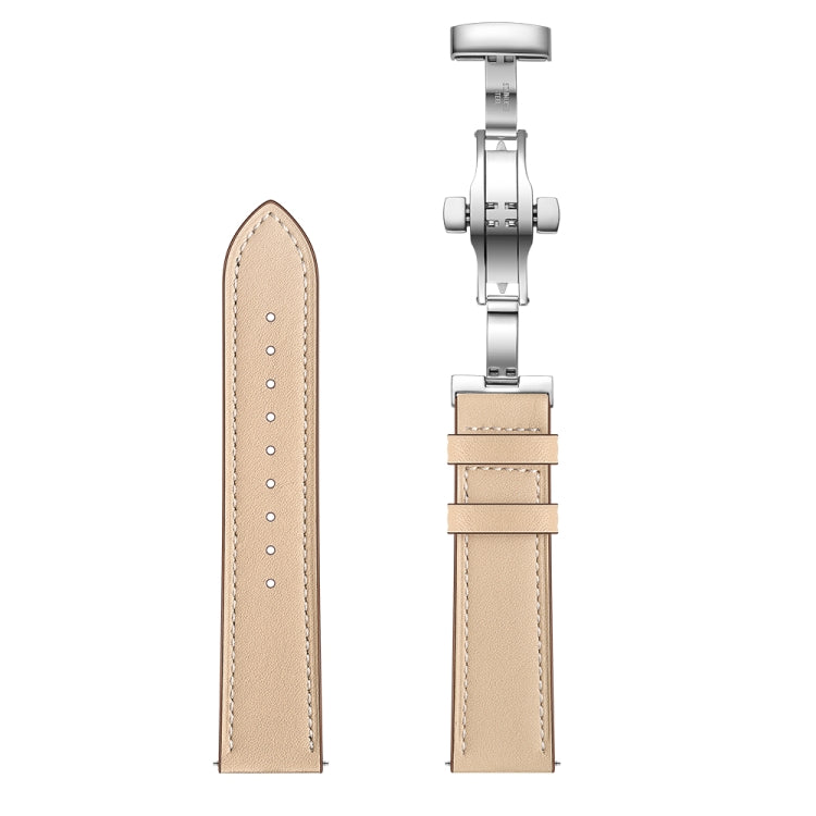 22mm Universal Butterfly Buckle Leather Watch Band, Style:Silver Buckle(Apricot)