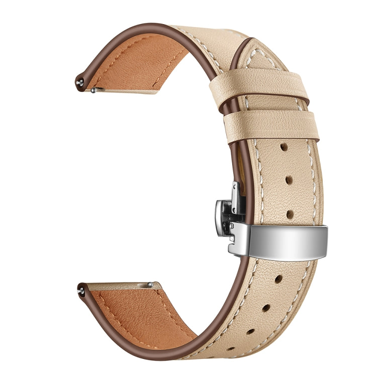 22mm Universal Butterfly Buckle Leather Watch Band, Style:Silver Buckle(Apricot)