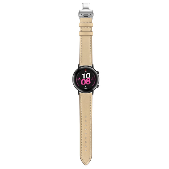 22mm Universal Butterfly Buckle Leather Watch Band, Style:Silver Buckle(Apricot)