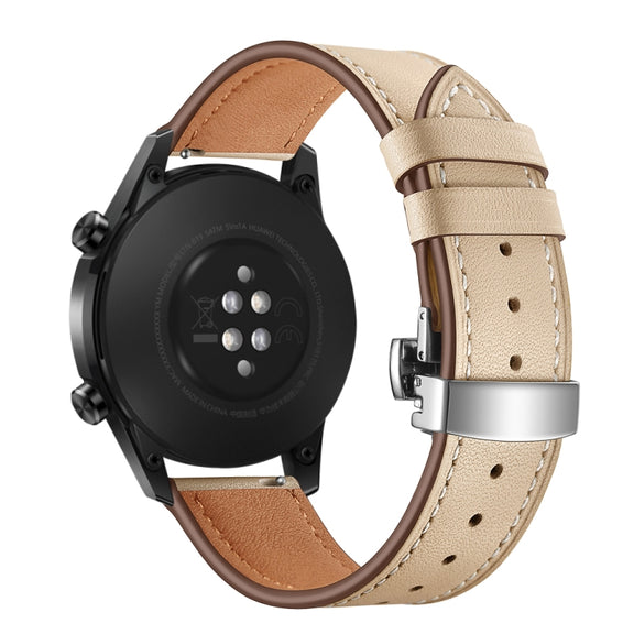 22mm Universal Butterfly Buckle Leather Watch Band, Style:Silver Buckle(Apricot)