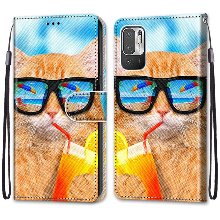 For Xiaomi Redmi Note 10 5G Coloured Drawing Cross Texture Horizontal Flip PU Leather Case with Holder & Card Slots & Wallet & Lanyard(Cat Drinking Soda)