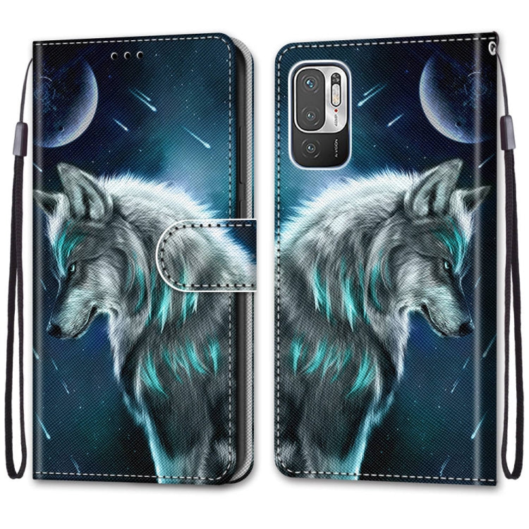 For Xiaomi Redmi Note 10 5G Coloured Drawing Cross Texture Horizontal Flip PU Leather Case with Holder & Card Slots & Wallet & Lanyard(Pensive Wolf)