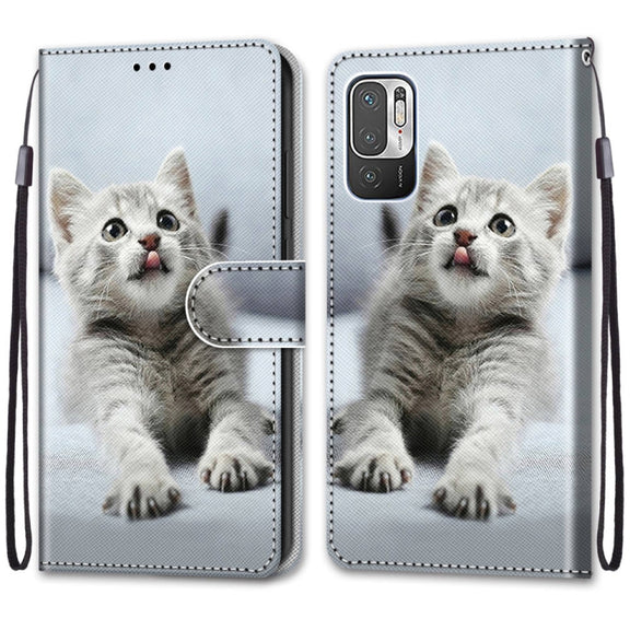 For Xiaomi Redmi Note 10 5G Coloured Drawing Cross Texture Horizontal Flip PU Leather Case with Holder & Card Slots & Wallet & Lanyard(Small Gray Cat)