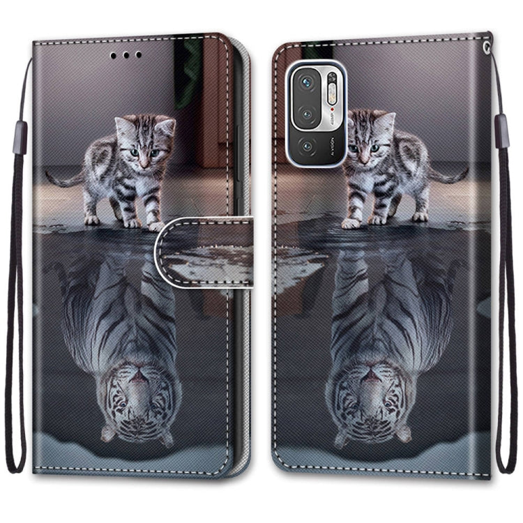 For Xiaomi Redmi Note 10 5G Coloured Drawing Cross Texture Horizontal Flip PU Leather Case with Holder & Card Slots & Wallet & Lanyard(Cat Becomes Tiger)