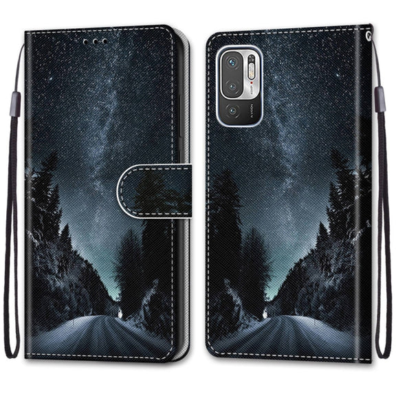 For Xiaomi Redmi Note 10 5G Coloured Drawing Cross Texture Horizontal Flip PU Leather Case with Holder & Card Slots & Wallet & Lanyard(Mountain Road Starry Sky)