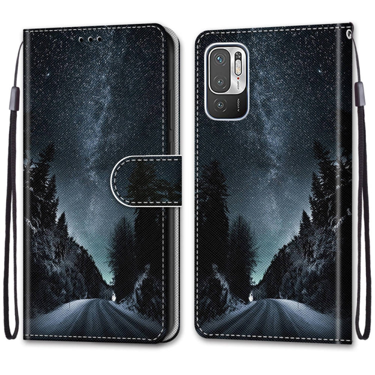 For Xiaomi Redmi Note 10 5G Coloured Drawing Cross Texture Horizontal Flip PU Leather Case with Holder & Card Slots & Wallet & Lanyard(Mountain Road Starry Sky)