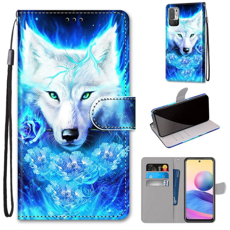 For Xiaomi Redmi Note 10 5G Coloured Drawing Cross Texture Horizontal Flip PU Leather Case with Holder & Card Slots & Wallet & Lanyard(Dick Rose Wolf)