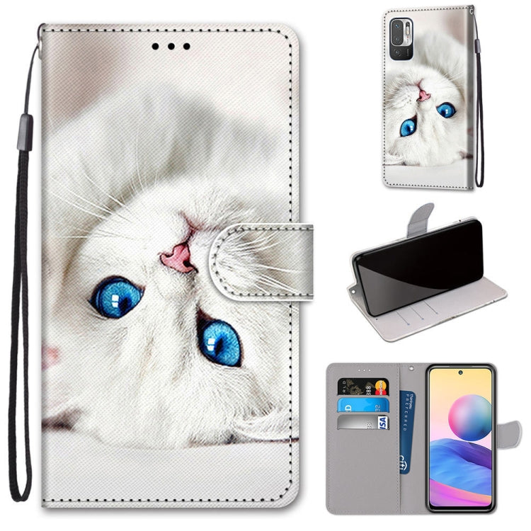For Xiaomi Redmi Note 10 5G Coloured Drawing Cross Texture Horizontal Flip PU Leather Case with Holder & Card Slots & Wallet & Lanyard(White Kitten)